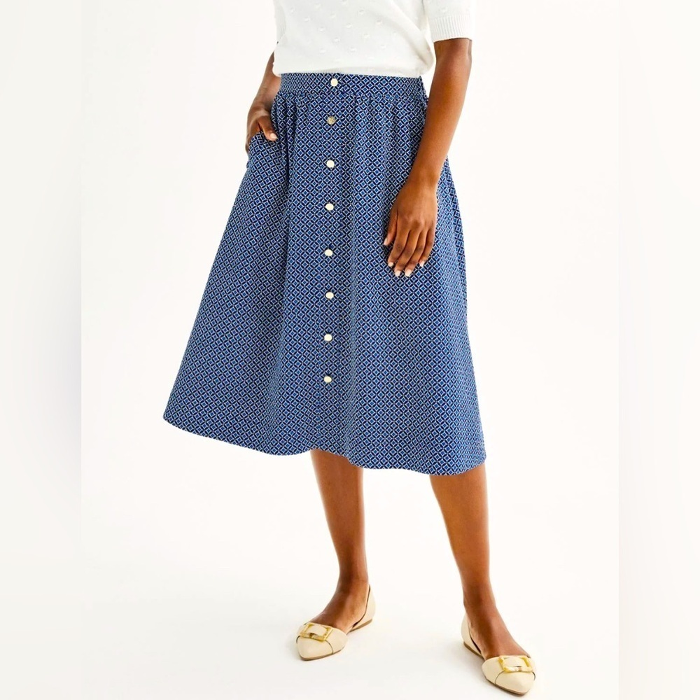Draper James Navy & White Geometric Button Front Pull On A-Line Midi Skirt S